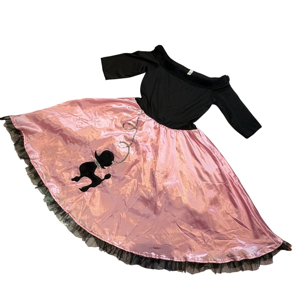 Amscan Costumes USA Girls 50s Poodle Skirt Dress Medium 8-10 Pink Black Sock Hop
